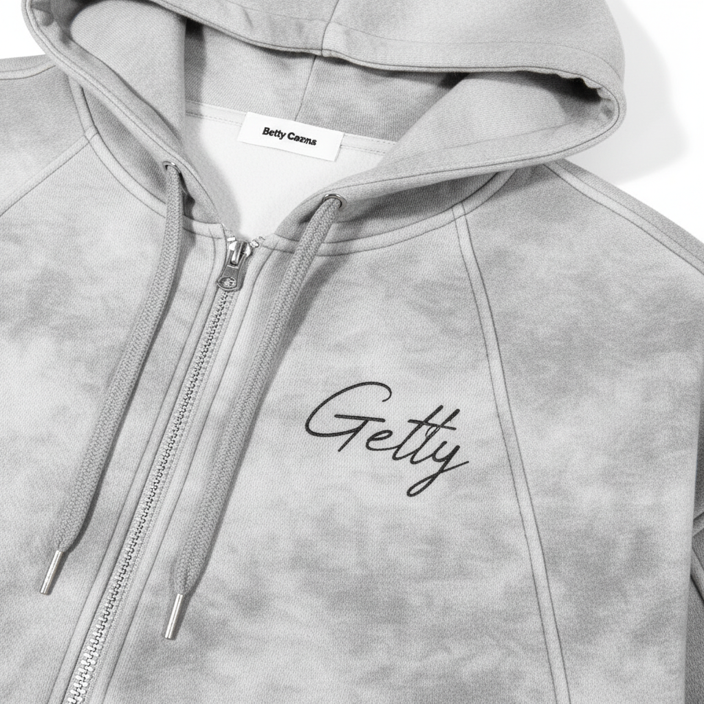 Detail shot of Getty hoodie hood and drawstring