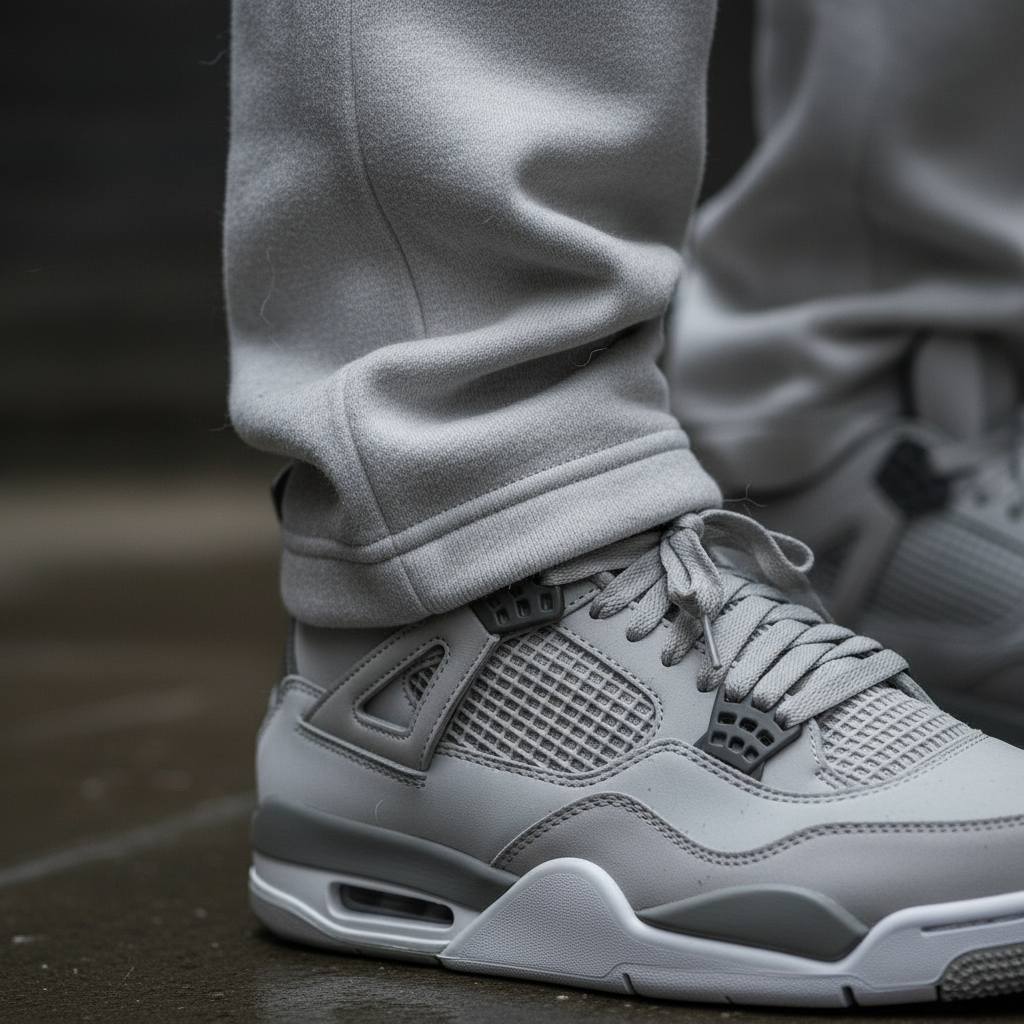 Extreme close-up of ribbed cuff on gray Jordan 4