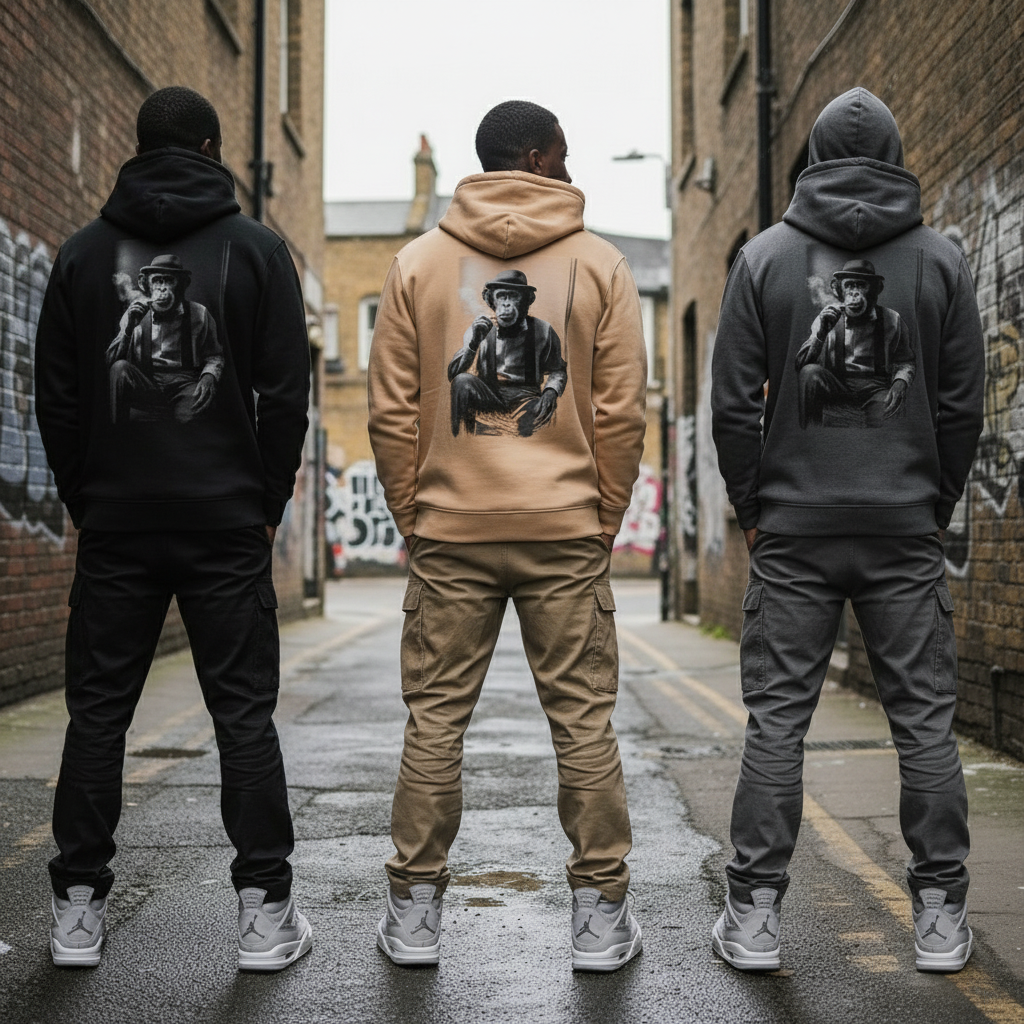 Getty Ape Hoodie - London street back view with actual design