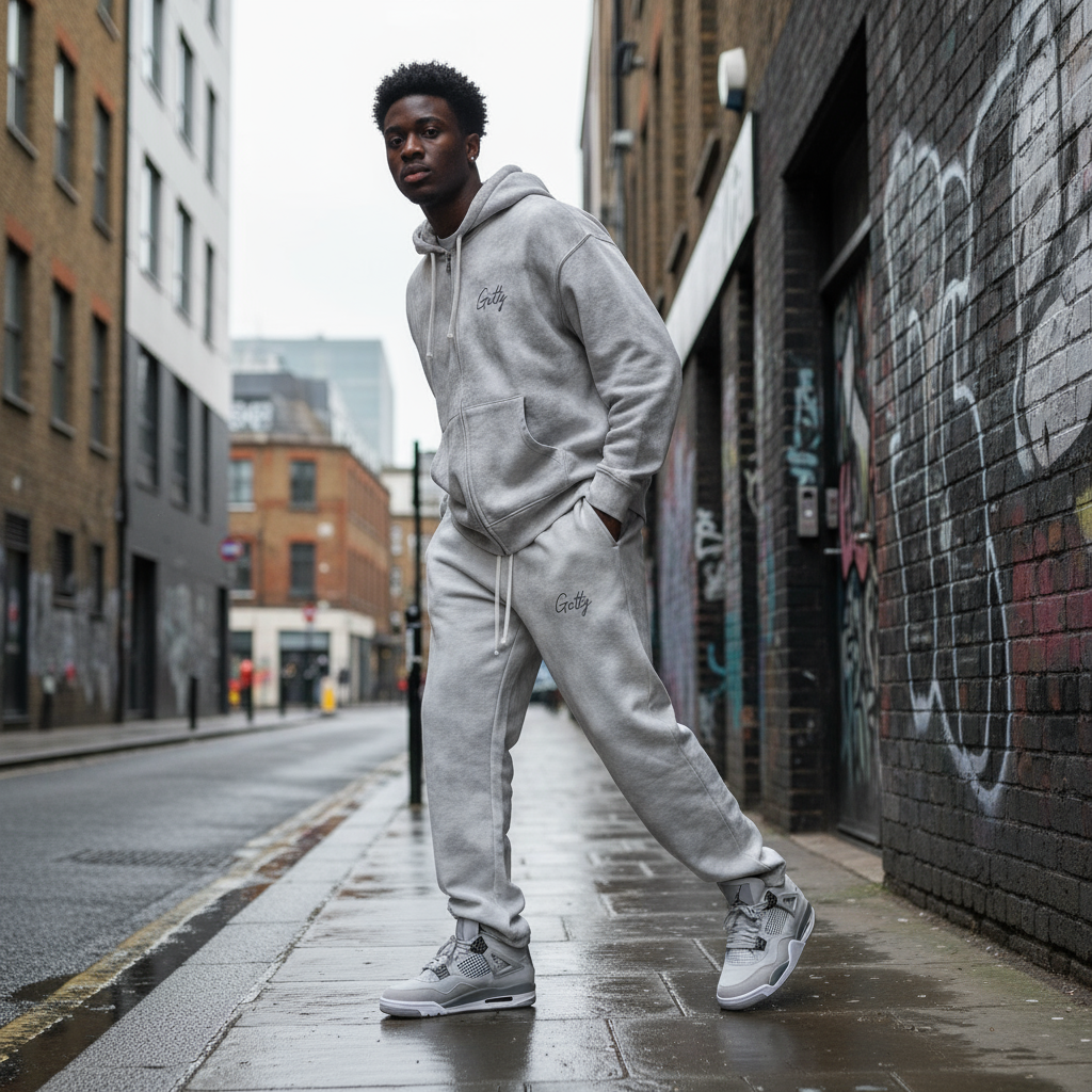 Getty dirty washed matching set with gray Jordan 4s - East London street scene