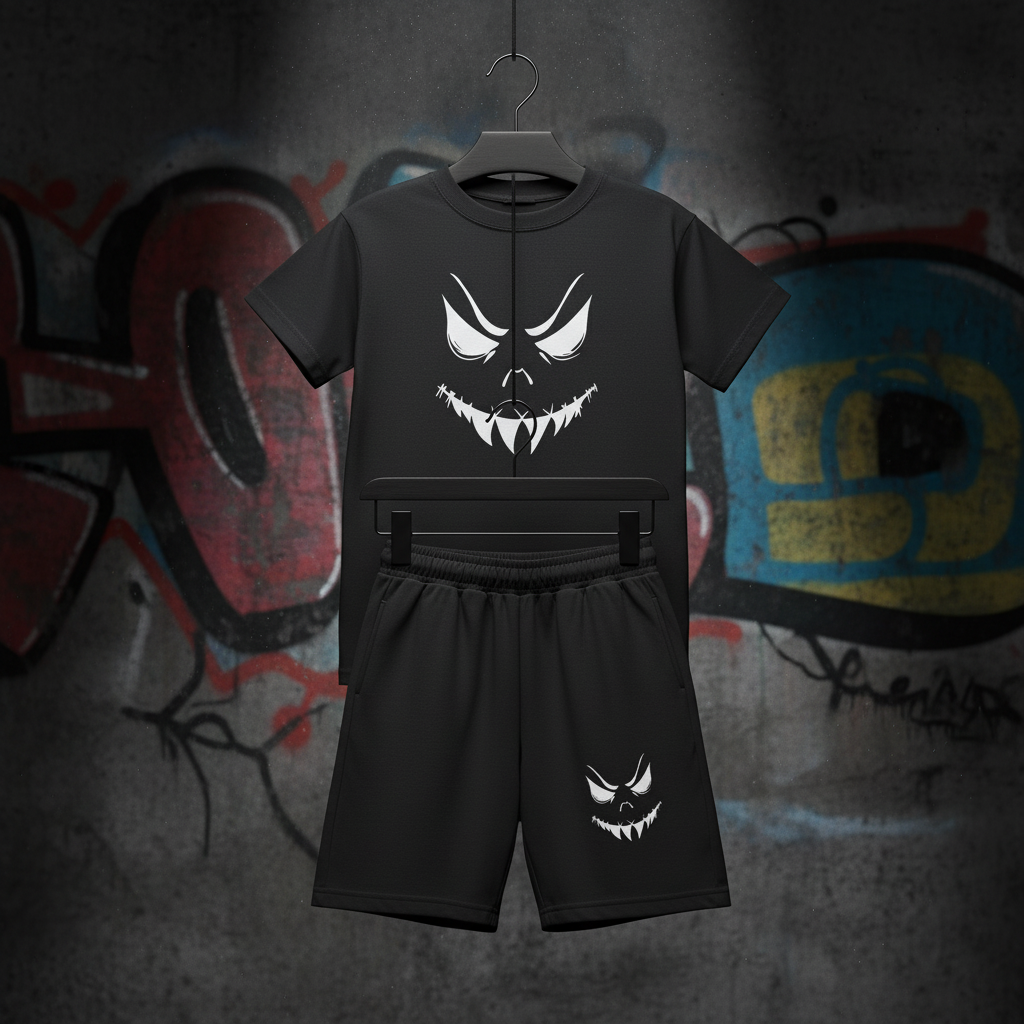 Getty Kids Mischief outfit on hanger with dark graffiti background
