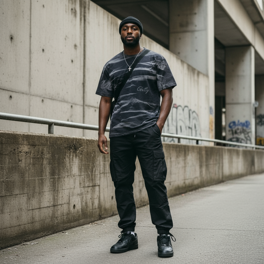 Getty Stripe T-Shirt with Black Combats and Air Forces