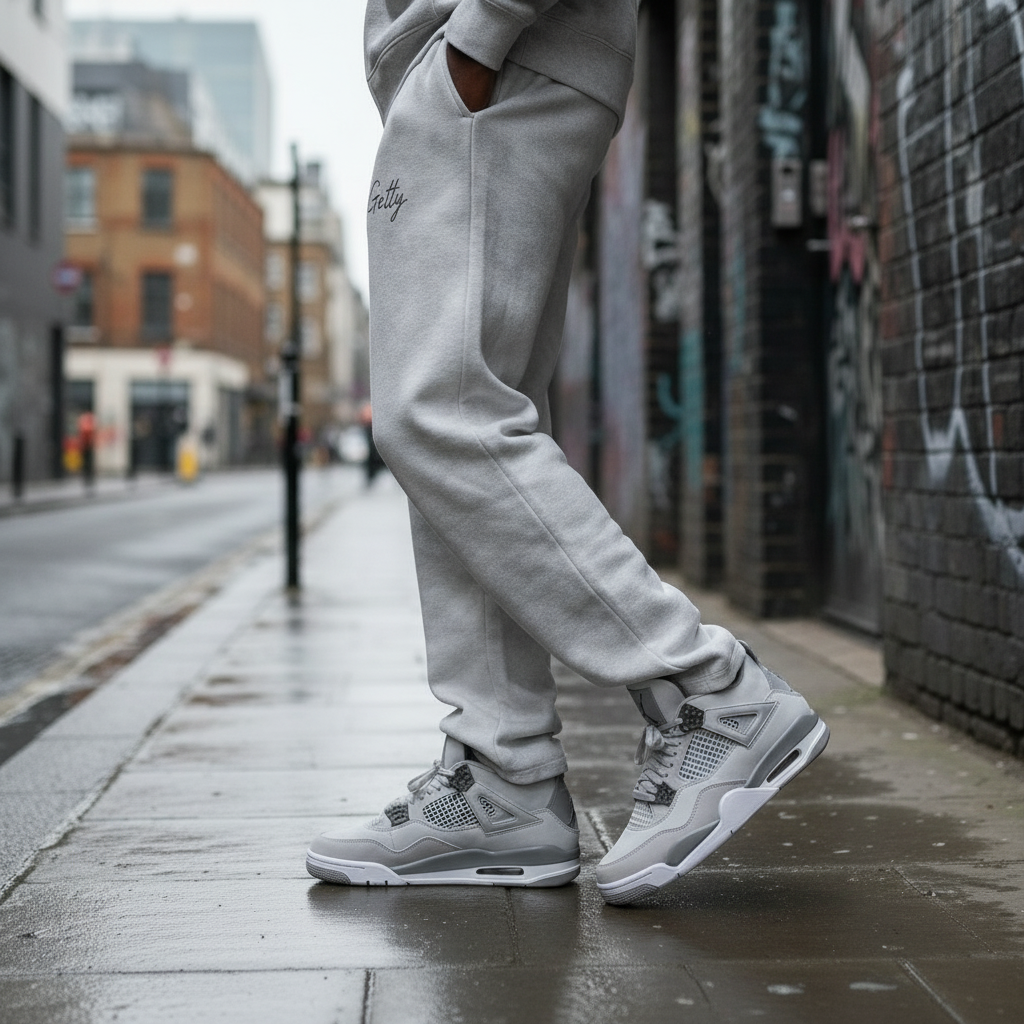 Side angle detail of gray Jordan 4s with Getty sweatpants