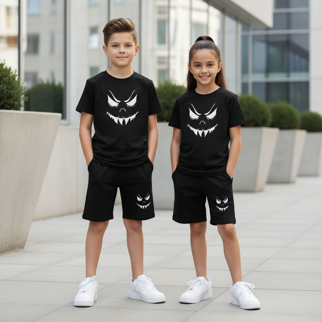 Twin boy and girl wearing Getty Kids Mischief shorts and tee in black with white Air Forces