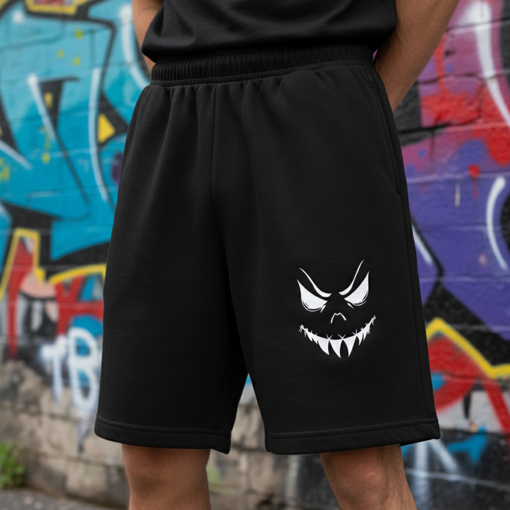 Zoomed-in Getty Kids Mischief shorts with urban graffiti background