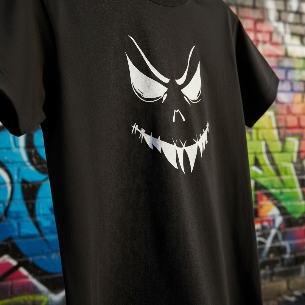 Zoomed-in Getty Kids Mischief tee with urban graffiti background